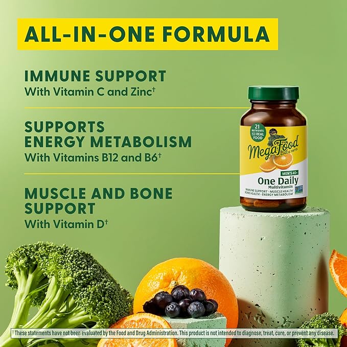 MegaFood Men's 40+ One Daily Multivitamin for Men with Vitamin B, Vitamin D3, Selenium, Zinc & Real Food - Immune Support, Energy Metabolism, and Muscle & Bone Health – Non GMO; Vegetarian - 60 Tabs
