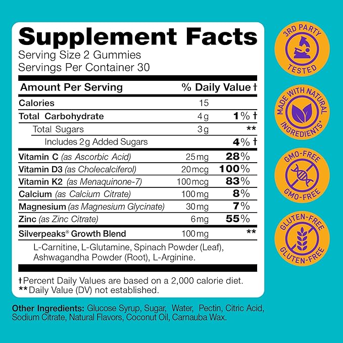 Height Growth Gummies for Kids - Growth Vitamins for Teens Height Growth Supplement - Height Growth for Kids with Calcium, Vitamin D, C, K2, Magnesium & Zinc - Natural Height Growth Maximizer - 60 PCS