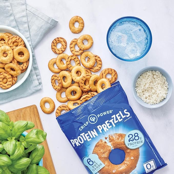 Crisp Power High Protein Pretzel Crisps - 6 Pack x 1.75 oz Crunchy & Flavorful Plant-Based Snack. No Sugar, 28g Protein Per Pack in 3 Savory Flavors, Vegan, Keto Friendly, Non-GMO, Kosher Non-Dairy (1.75 Ounce (Pack of 24), Sea Salt)
