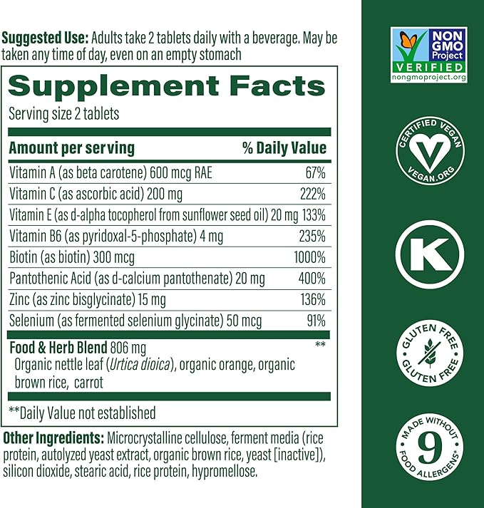 MegaFood Skin, Nails & Hair 2 - Vitamins for Women & Men - Biotin, Vitamin A, Vitamin C, Zinc, Vitamin B6, Vitamin E, Pantothenic Acid - Vegan - Made Without 9 Food Allergens - 60 Tabs (30 Servings)