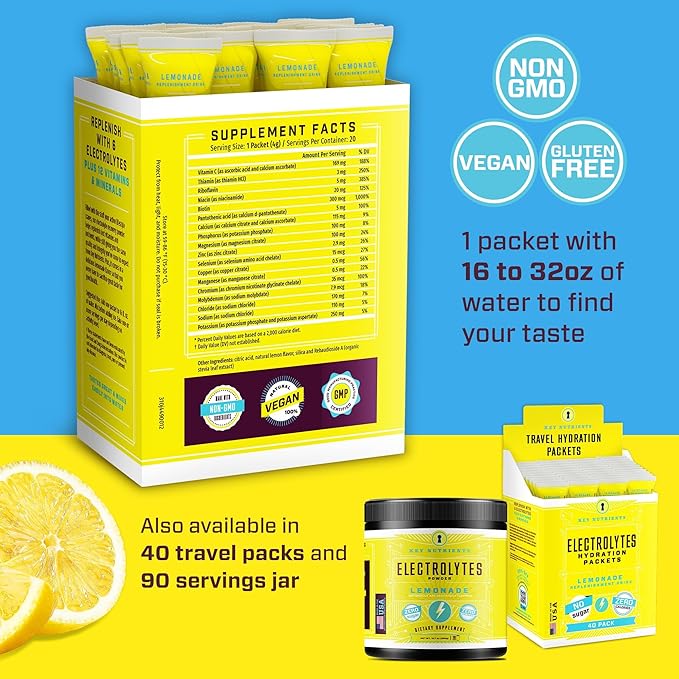 KEY NUTRIENTS Multivitamin Electrolytes Hydration Packets - Refreshing Lemonade Post Workout and Recovery 40 Pack - No Sugar, No Calories - Travel Hydration Powder