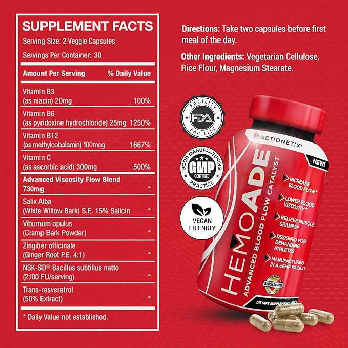 HemoAde Advanced Blood Flow Catalyst, Muscle Cramp Defense, Increase VO2, Endurance Supplement, Athletic Performance Supplements, Running Supplement, Mountain Bike Supplement, 60 Capsules