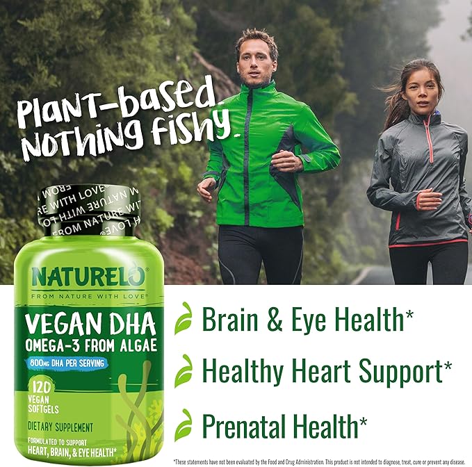 NATURELO Vegan DHA - Omega 3 Oil from Algae - Supplement for Brain, Heart, Joint, Eye Health - Provides Essential Fatty Acids for Women Men and Kids - Complements Prenatal Vitamins - 120 Softgels