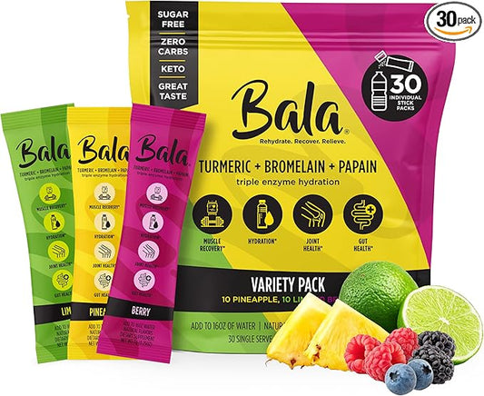 BALA Hydration Turmeric Drink Mix Packet | Sugar-Free Electrolyte Powder, Muscle Recovery, Immune Support, Joint Relief | Plant-Based Enzymes, Bromelain -Variety 1 Count (Pack of 30)