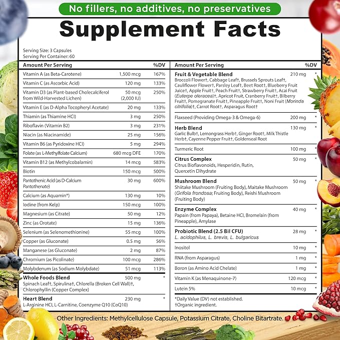 Vegan Whole Food Multivitamin Without Iron, Daily Multivitamin for Women and Men, Made with Fruits & Vegetables, B-Complex, Probiotics, Enzymes, CoQ10, Omegas, Turmeric, Non-GMO, 180 Count