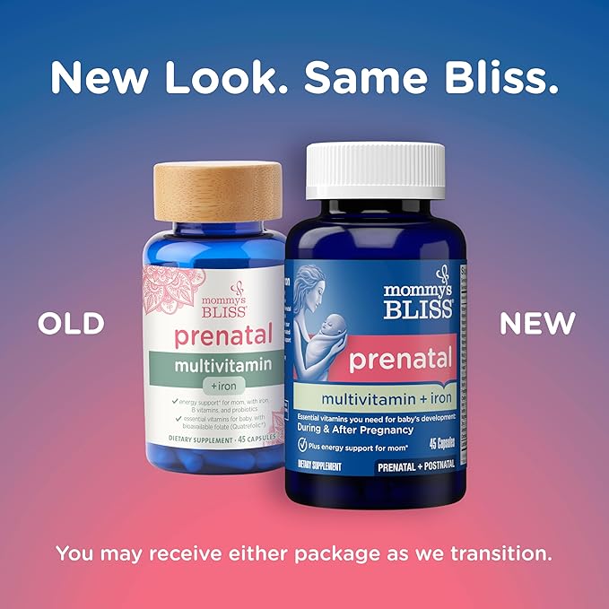 Mommy's Bliss Prenatal Multivitamin with Iron and Folic Acid, Supports Baby Development + Mom Immune System & Energy Levels w/ B Vitamins & Probiotics, Vegan & Gluten Free (45 Servings)