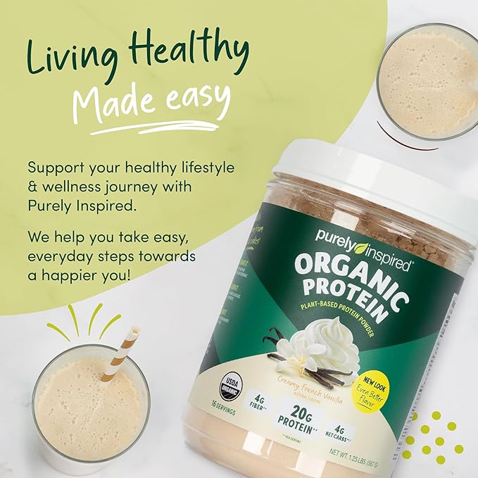 Purely Inspired Plant-Based Protein Powder for Men & Women, Creamy French Vanilla (16 Servings) - Vegan & Organic - 20g of Pea Protein Powder for Smoothies & Shakes - Dairy-Free, & Gluten-Free
