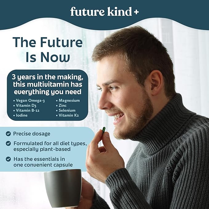 Future Kind Carrageenan-Free Foundations Multivitamin: Vegan Multivitamins for Women & Men- Plant Based Multivitamin, Omega-3, B12, D3, Zinc, Iodine, Magnesium, K2 & Selenium- Compostable Bag