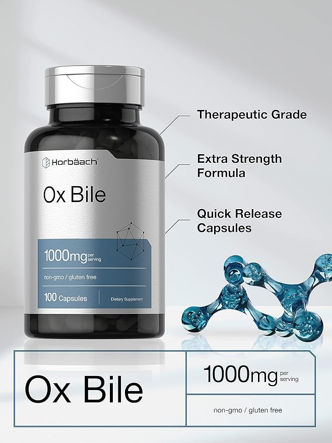 Horbäach Ox Bile Supplement | 1000mg | 100 Capsules | Digestive Enzymes Supplement | Non-GMO & Gluten Free