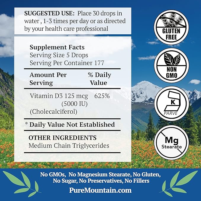Pure Mountain Botanicals Liquid Vitamin D Drops - Unflavored Kosher D3 Liquid Drops in MCT Oil - 5000IU per Serving - 1oz Bottle