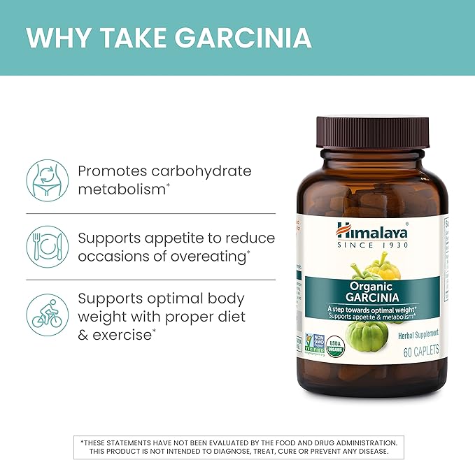 Himalaya Organic Garcinia Cambogia Herbal Supplement, Appetite Control, Lipid Metabolism, Weight Support, USDA Organic, Non-GMO, Vegan, 600 mg, 60 Plant-Based Caplets, 2 Pack