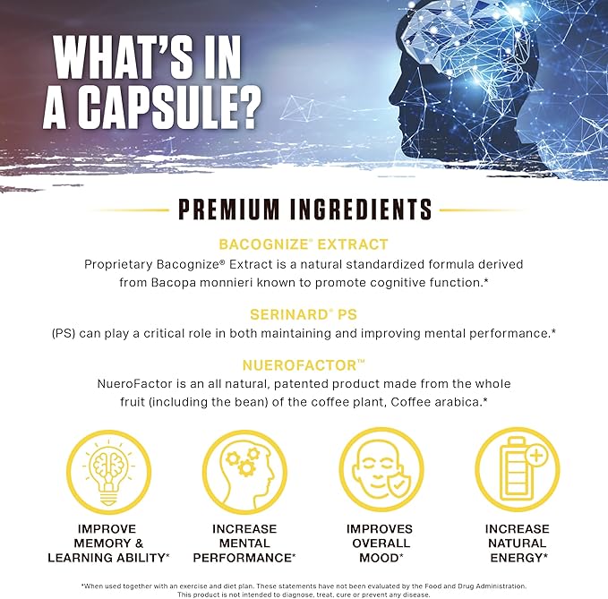 Ambrosia Mental Jewels (Capsules) - Cognitive Enhancer | Increase Memory, Communication Skills, Concentration & Focus | Alpha GPC, Choline, BaCognize | 120 Veggie Capsules (30 Day Supply)