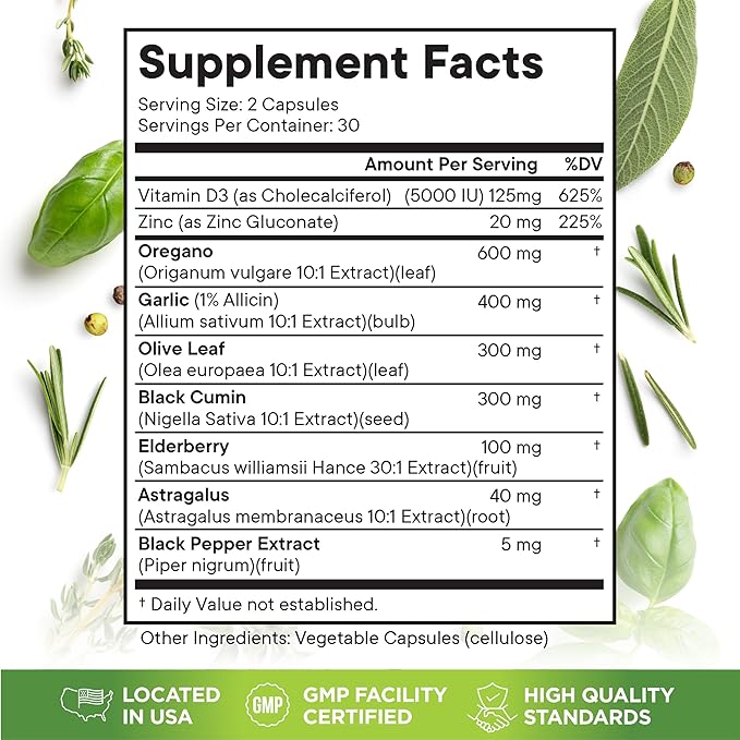 Oregano Oil 6000mg Garlic Extract 4000mg Olive Leaf 3000mg Black Seed Oil 3000mg Astragalus-Immune Support & Digestive Health Supplement for Women and Men- 120 Count