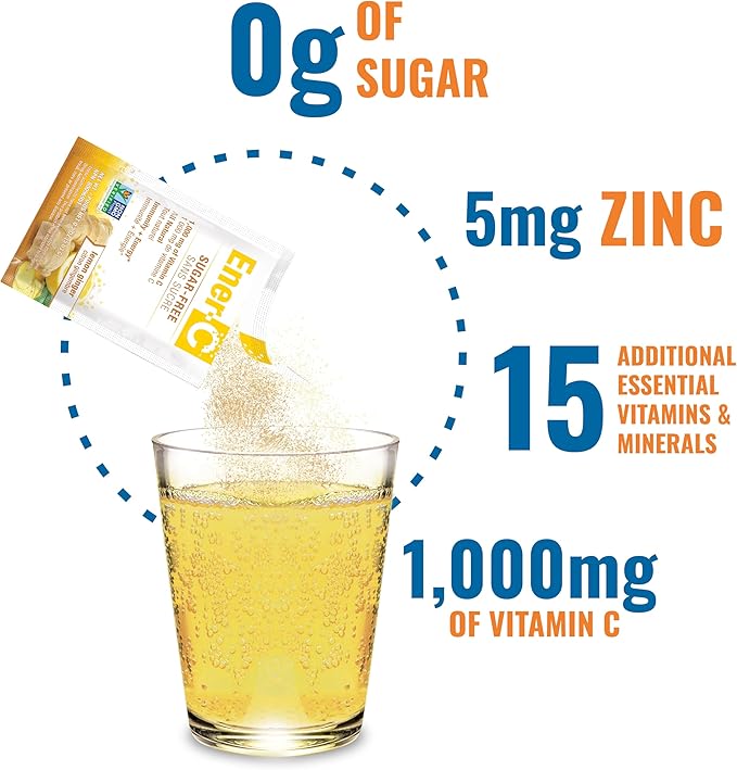 Ener-C Sugar Free Lemon Ginger Multivitamin Drink Mix, 1000mg Vitamin C, Non-GMO, Vegan, Real Fruit Juice Powders, Natural Immunity Support, Electrolytes, Gluten Free, 1-Pack of 30