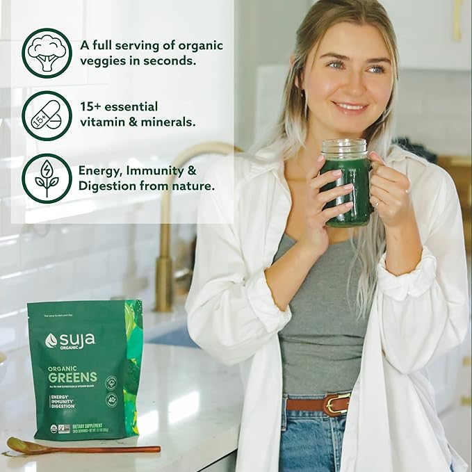 Suja Organic Greens Powder Probiotic Blend, Spirulina, Daily Superfood Drink or Smoothie Mix for Immune Support, Digestion, & Energy, Vegan, Gluten Free, Non GMO, 30 Servings