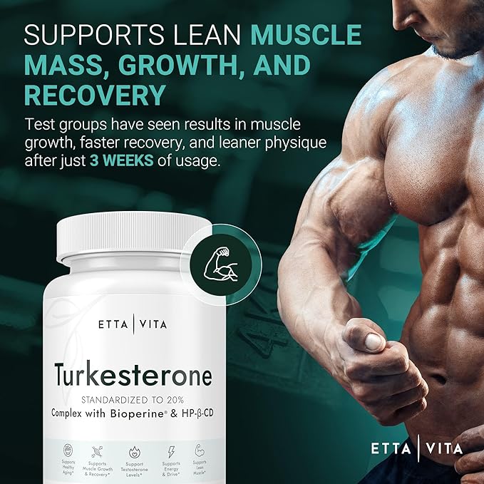 Potent Turkesterone Supplement, 2X Pure (Made in USA - 3rd Party Tested) Most Bioavailable and Natural Test Support Supplement, Supports Energy, Lean Muscle Growth, Recovery and Stamina, Vegan (60ct)