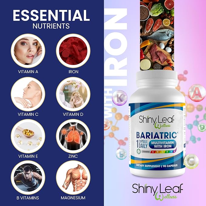 Shiny Leaf Bariatric Multivitamin with Iron - 45mg Iron, 180 Capsules, Post WLS Support, for Gastric Sleeve, Bypass and Mini Bypass, High Potency Daily Vitamins, for Women and Men,6 Months Supply