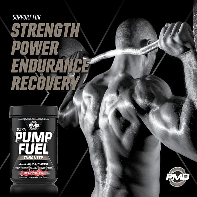 PMD Sports Ultra Pump Fuel Insanity - Pre Workout Drink Mix for Energy, Strength, Endurance, Recovery - Complex Carbohydrates and Amino Energy - Strawberry Slam (30 Servings)