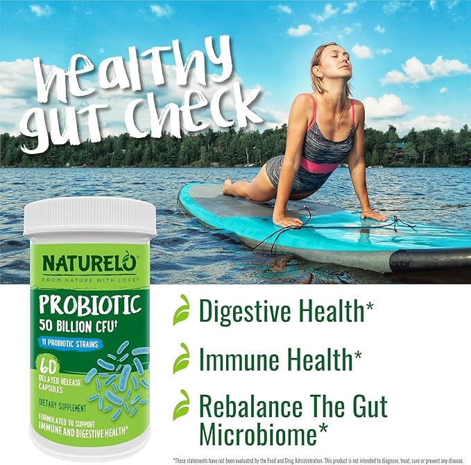 NATURELO Probiotics for Digestive Health - 50 Billion CFU, 11 Strains Daily Supplement - Boosts Immune System, Delayed Release, 60 Vegetarian Capsules