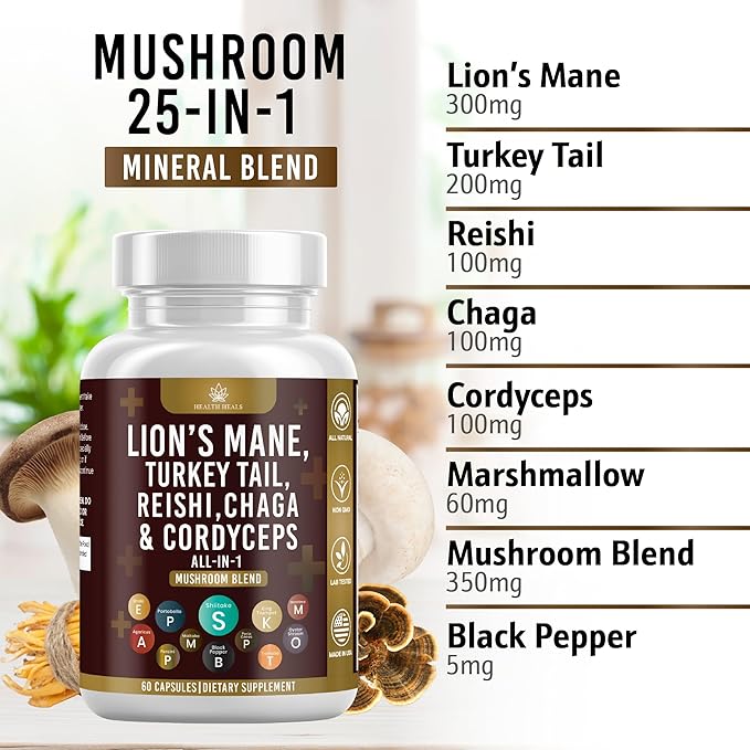 Mushroom Supplement with Turkey Tail 2000mg Reishi 1000mg Cordyceps Chaga 1000mg with Marshmallow Root - 120 Count
