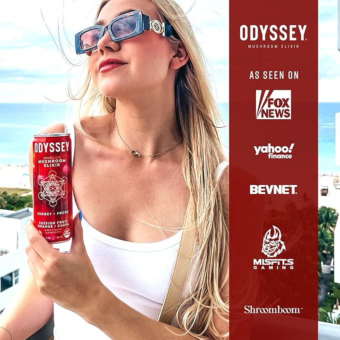 Odyssey Elixir Functional Beverage - Adaptogen Drink - Lions Mane, Cordyceps, L Theanine & Green Tea Caffeine - for Cognition, Energy & Mood Boost - 0 Added Sugar - Passion Fruit Orange Guava - 12 Pk