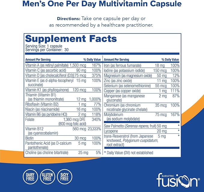 Bariatric Fusion One Per Day Bariatric Multivitamin with Iron for Men | with Prostate and Heart Support Vitamins* | Gastric Bypass and Sleeve Gastrectomy | 30 Capsules | 1 Month Supply
