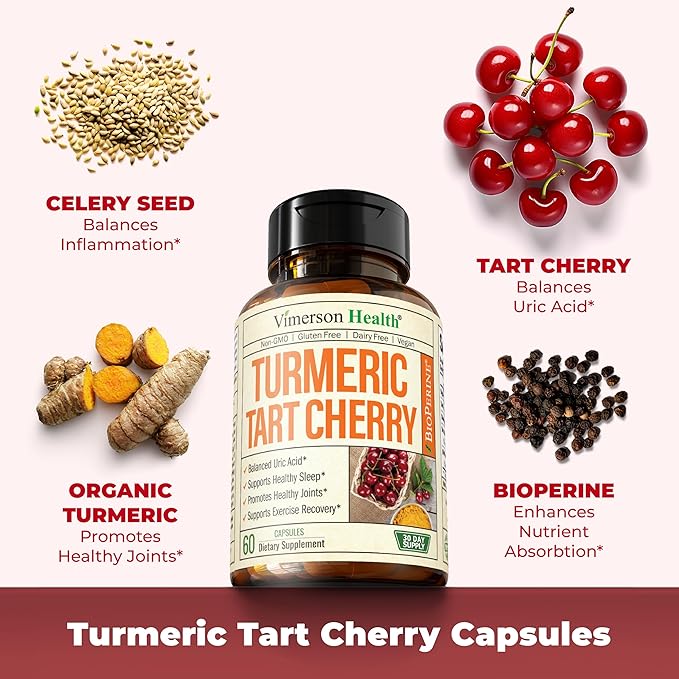 Turmeric Curcumin & Tart Cherry Extract Capsules with Black Pepper & Organic Tumeric. Tart Cherry Capsules Aid Uric Acid Balance, Joint Health, Muscle Health & Sleep. 2 Pack