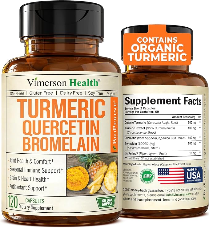 Quercetin with Bromelain Turmeric Supplement - Quercetin 500mg Capsules with Curcumin & Bromelain powder for Allergy & Joint Support. Turmeric Curcumin Bromelain Supplement. 120 Vegan Tumeric Capsules