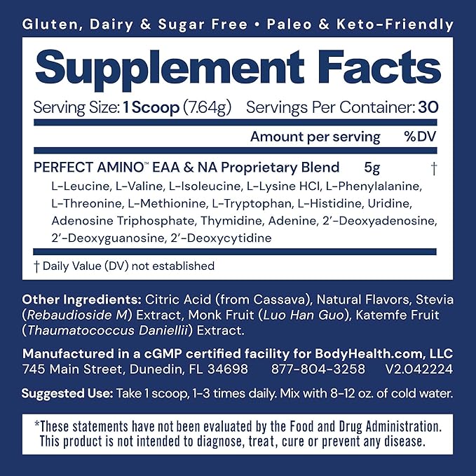 BodyHealth PerfectAmino Powder - BCAA and EAA Powder for Pre and Post Workout - Amino Acid Energy Drink Powder for Men and Women to Support Lean Muscle and Recovery - Lemon Lime - 30 Servings