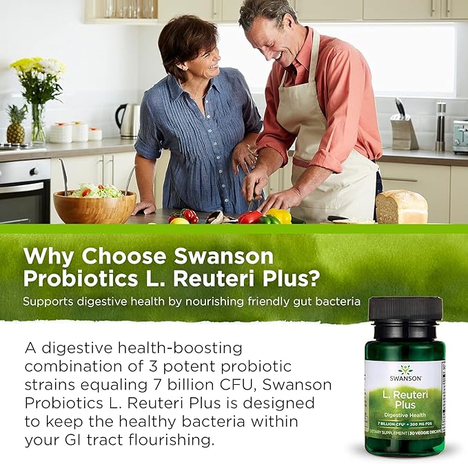 Swanson L. Reuteri Probiotic Plus w/L. Rhamnosus L. Acidophilus & FOS Prebiotic Digestive Support - Promotes Gut Health w/ 7 Billion CFU per Capsule - (30 Veggie Capsules)
