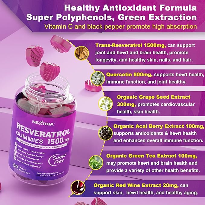 Resveratrol Gummies 1500mg - Sugar Free Resveratrol Supplement with Quercetin, Grape Seed, Acai Berries Extracts Support Antioxidant, Healthy Aging & longevity, Skin, Joint, Brain Wellness - 2Pack