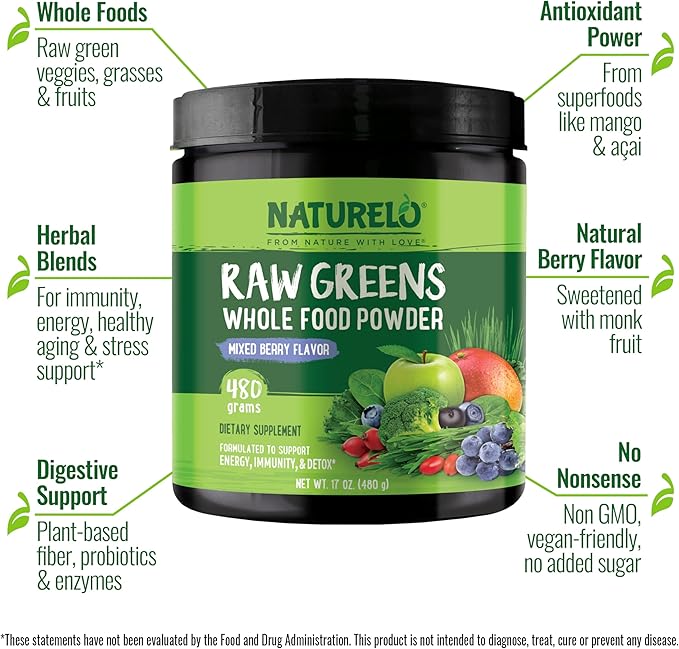 NATURELO Raw Greens Superfood Powder - Mixed Berry Flavor - Boost Energy, Detox, Enhance Health - Organic Spirulina - Wheat Grass - Whole Food Nutrition from Fruits & Vegetables - 480 Grams