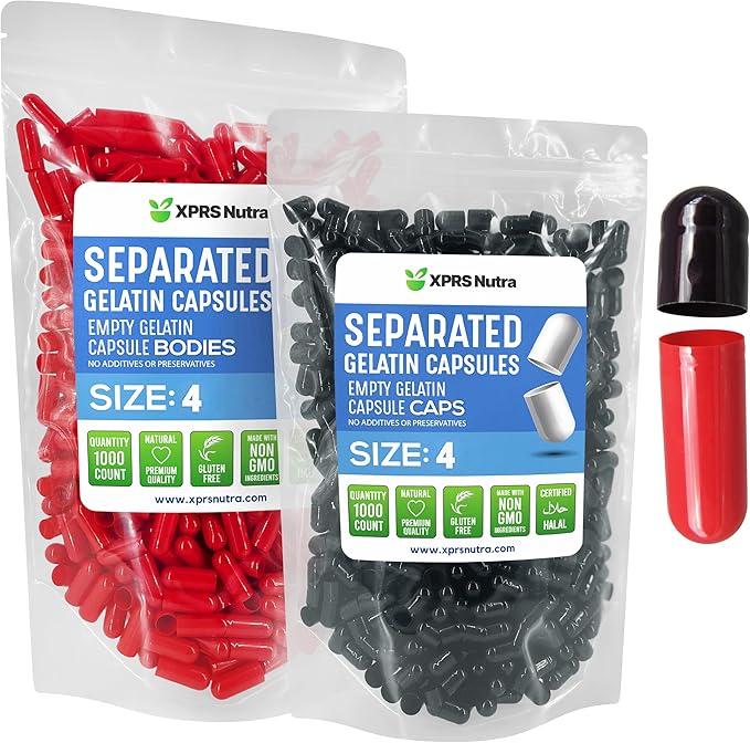 XPRS Nutra Gelatin Size 4 Separated Capsules - 1000 Count Small Empty Capsules Separated in Bags - Empty Pill Capsules - Size 4 Gel Capsules Empty- Capsules Empty DIY Supplement Filling (Black/Red)