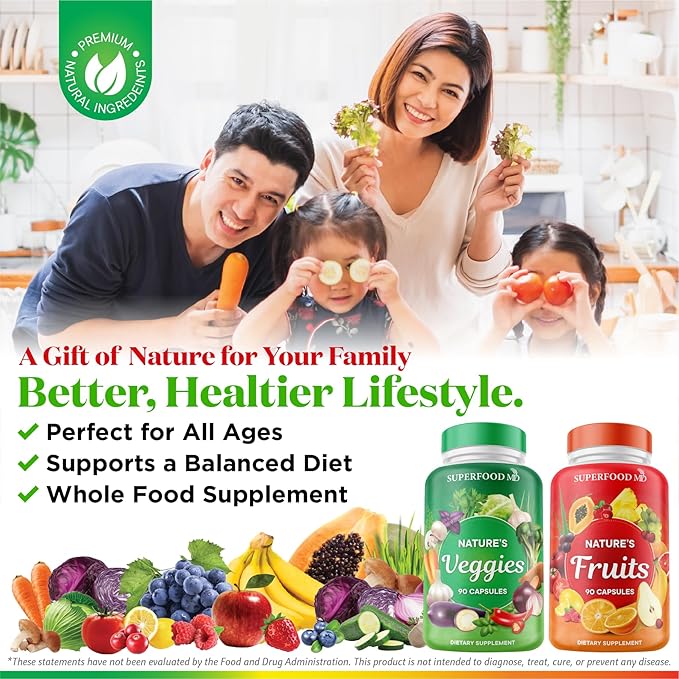 Superfood MD Fruits and Veggies Supplement - 90 Fruit and 90 Veggie Capsules - Supports Energy Levels, High Lycopene, Vitamins & Minerals -Made in The USA - 90 Count (Pack of 2)