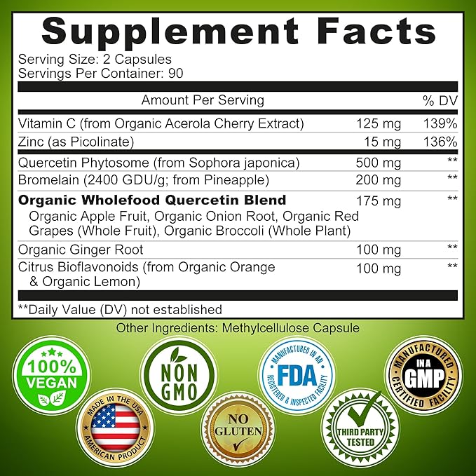 Quercetin with Bromelain Vitamin C and Zinc with Organic Whole Food Quercetin Blend - 1215mg per Serving - Phytosome Quercetin 500mg Capsules with Ginger and Flavonoids for Immune Support - 180 count