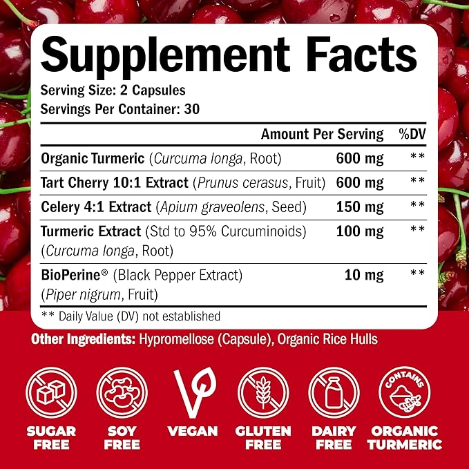 Turmeric Curcumin & Tart Cherry Extract Capsules with Black Pepper & Organic Tumeric. Tart Cherry Capsules Aid Uric Acid Balance, Joint Health, Muscle Health & Sleep. 2 Pack