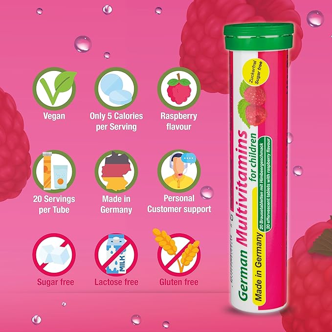 T&D German Multvitamin for Children 8 Vitamins - 100 Vegan Drink Effervescent Tablets - Raspberry Flavor - Made in Germany