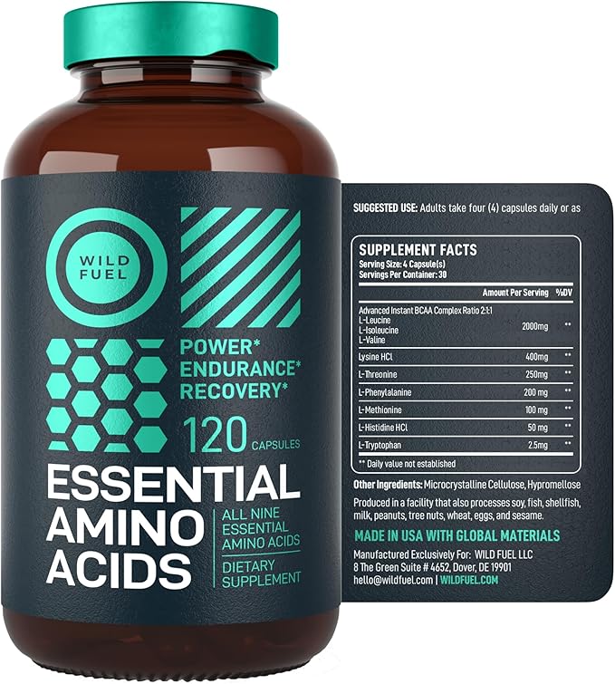 Essential Amino Acids Supplement For Women And Men - All 9 BCAAs Amino Acid Complex for Power and Recovery - EAA Perfect Amino Energy: Lysine, Tryptophan, Isoleucine - 2 Pack 240 Vegan BCAA Capsules