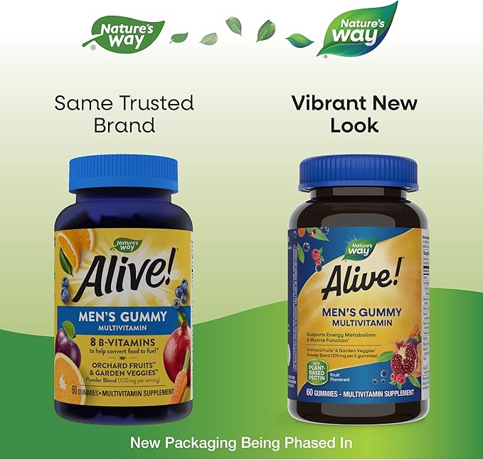 Nature's Way Alive! Men's Daily Gummy Multivitamin, Supports Energy Metabolism*, Muscle Function*, B-Vitamins, B-Vitamins, Gluten-Free, Vegetarian, Fruit Flavored, 60 Gummies (Packaging May Vary)