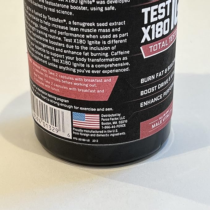 Force Factor Test X180 Ignite Testosterone Booster for Men, Testosterone Support Supplement to Help Burn Fat, Boost Vitality, and Increase Energy, 60 Capsules
