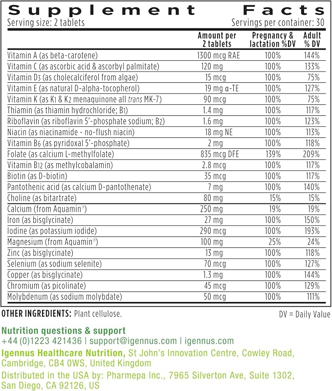 Methylated Prenatal Multivitamin, Folate for MTHFR, High Absorption, Clean Label, Gentle Iron, Choline, Natural Calcium & Magnesium, Vegan Vitamins for Pregnancy, 6 x 60 Tablets, by Igennus