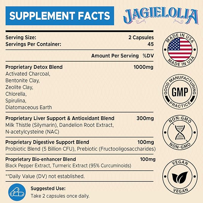 All-In-One Detox Binder Supplement 1500 MG - High Bioavailability, Liver Gut Detox Cleanse with Activated Charcoal, Zeolite & Bentonite Clay for Toxins, Liver, Digestive, 180 Vegan Capsules