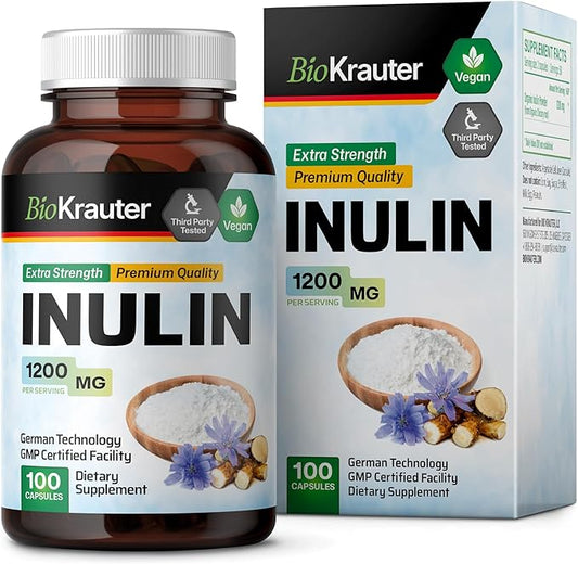 BIO KRAUTER Inulin Powder Capsules - 1200 mg Strength - 100 Count - Fiber Supplement - Chicory Root Fiber Capsules for Digestive Support - Pure Soluble Fiber Supplements - Vegan Inulin Capsules