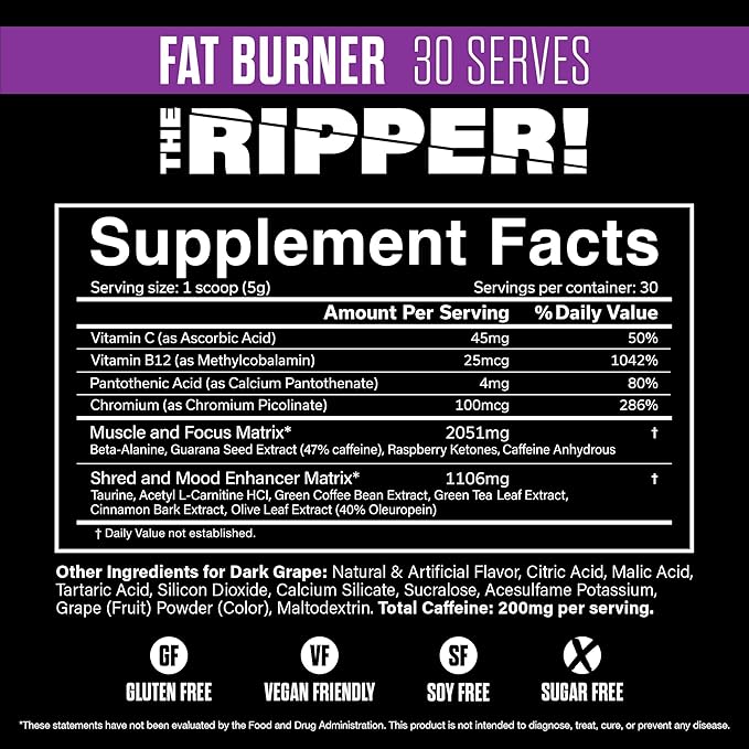 JNX SPORTS The Ripper! Shredding Thermogenic Fat Burner - Dark Grape 30 Servings | Advanced Fast Acting Thermogenic Pre-Workout, Appetite Suppressant for Men & Women