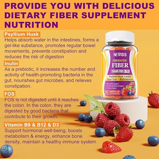 Prebiotic Fiber Gummies for Adults 7G with Psyllium Husk Fiber , Soluble Fiber + Insoluble Fiber, Inulin, Fos, Multivitamin Supplement for Daily Digestive Health, Regularity Gut, Sugar Free, Pack of 2