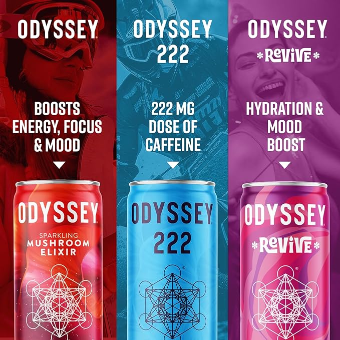 Odyssey Elixir Functional Beverage - Adaptogen Drink with Lions Mane, Cordyceps, L Theanine & Green Tea Caffeine - for Cognition, Energy & Mood Boost - 0 Added Sugar - Blackberry Lemonade - 12 Pack