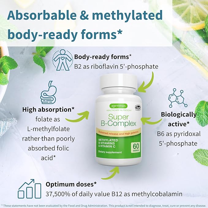 Super B-Complex – Methylated B Vitamins, MTHFR Supplement with Methylfolate & B12 Methylcobalamin, Sustained Release, Clean Label, Vegan, Lab Verified, 180 Small Tablets by Igennus
