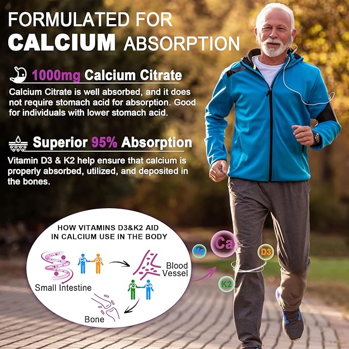 Sugar-Free Calcium Citrate Gummies 1000mg w/Vitamin D3 K2, Magnesium, Zinc, Boron, Manganese, Copper for Bone, Muscle & Immune, Ultimate Absorption Calcium Supplement for Women & Men - Vegan, 60 Count