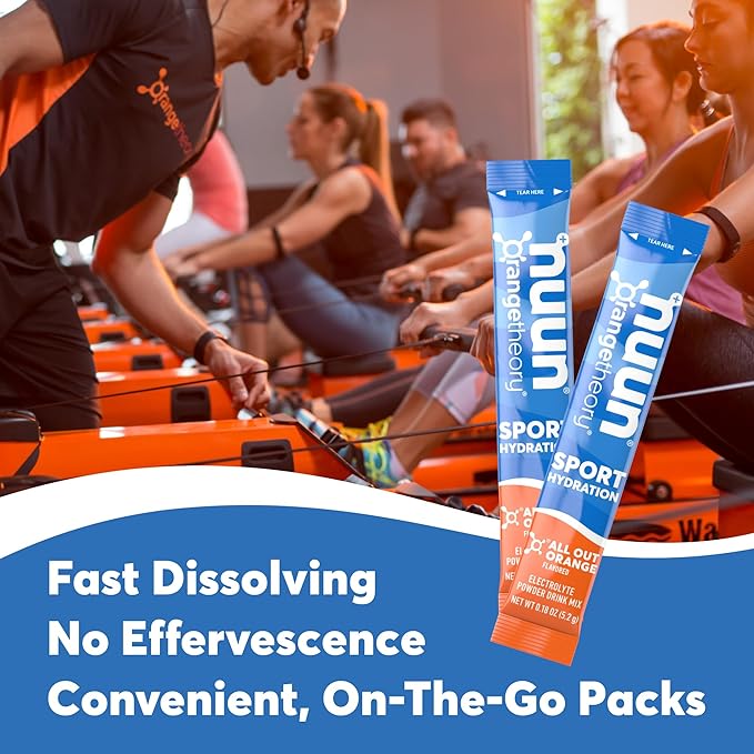 Nuun Sport Electrolyte Powder Packets - All Out Orange, 5 Essential Electrolytes for Hydration, Exclusive Orangetheory Fitness Flavor, 1g Sugar, Non GMO, Vegan, 16 Single Serving Sticks