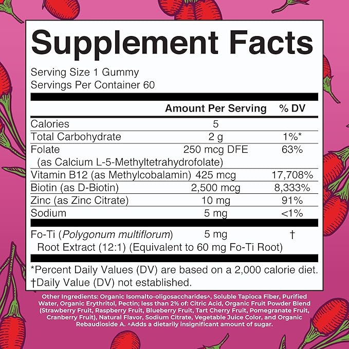 MaryRuth Organics Biotin Gummies | Sugar Free | Vegan | Non-GMO | 2,500 mcg Biotin Supplement | Hair Skin and Nails Vitamins | Hair Growth Vitamins | Hair Growth Supplement | 60 Count